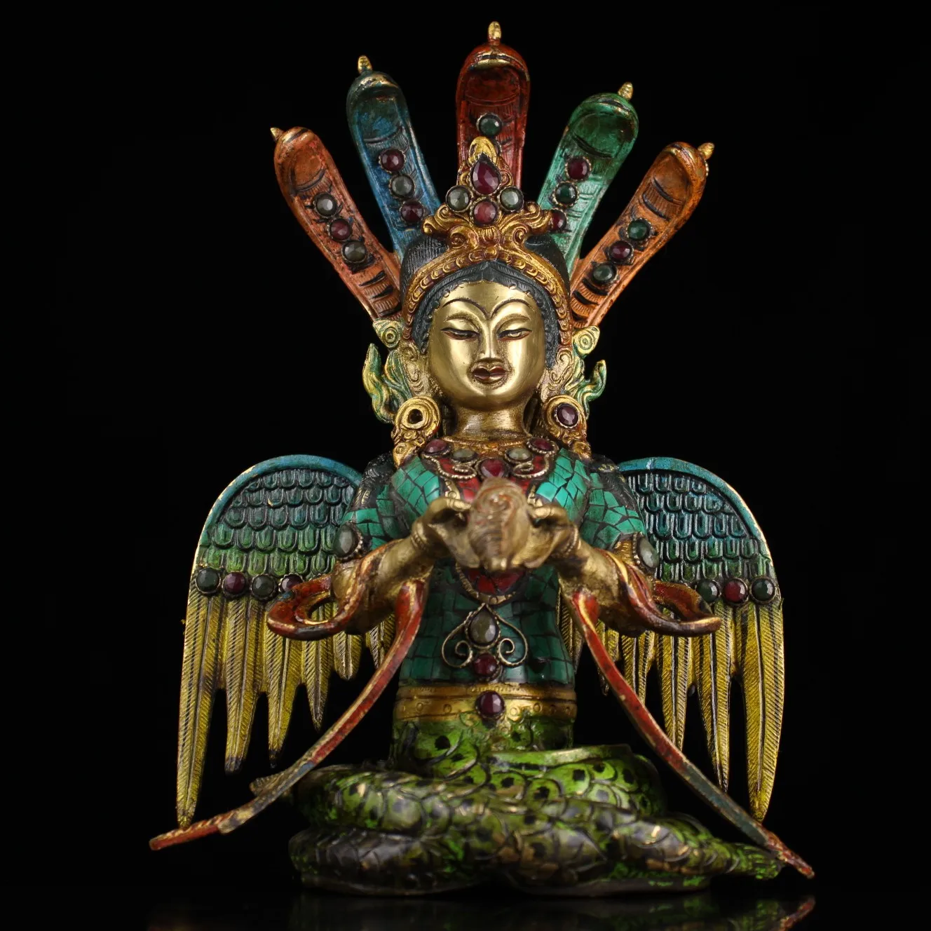 

10"Chinese Folk Collection Old Bronze outline in gold mosaic Gem Nagarjuna 5-headed cobra Back light Sitting Buddha Ornaments