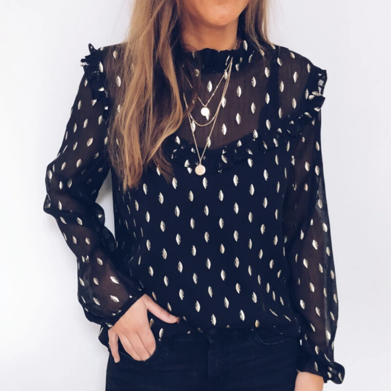 Loose Chiffon Black Blouse Women Long Sleeve Polka Dot Tops Tee Shirt Femme Ladies Transparent High Neck Kimono Shirts | Женская одежда