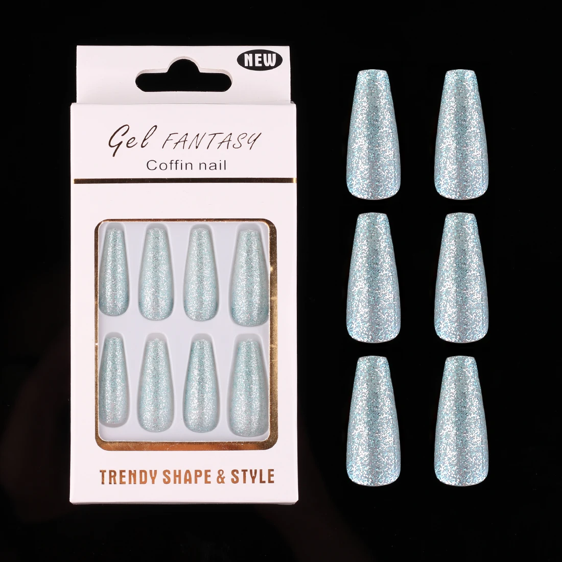 

24pcs/box Glitter Fake Fingernail Long Mint Green Ballet Coffin False Nail for Girls Full Cover Press on Nails Acrlic Nail Kit