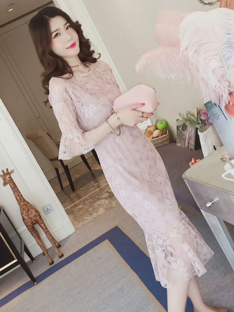 Кружевные платья 2019 новые женские летние синий выдалбливают тонкий сексуальный