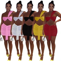 skmy 2021 new white sleeveless one shoulder solid color mini skirt set short tube top women two piece sexy club outfits