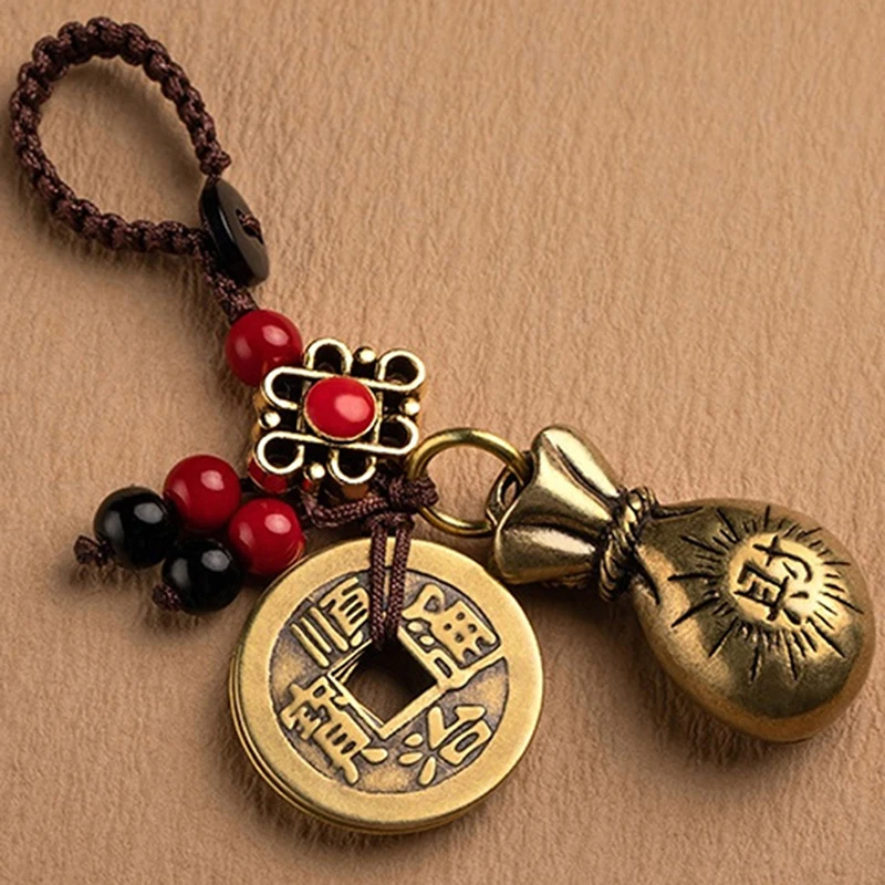 

2PCS Handmade Rope Lucky Feng Shui Hanging Vintage Brass Bag Keychain Pendant Jewelry Ancient Five Emperors Coins Car Key Chain