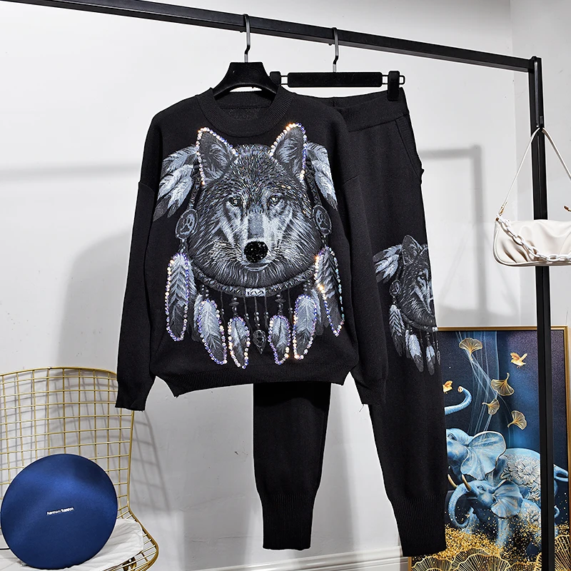 

Женский трикотажный спортивный костюм с блестками, свитер с мультяшным принтом и брюки-карандаш, комплект из 2 предметов, Свободный Повседн...