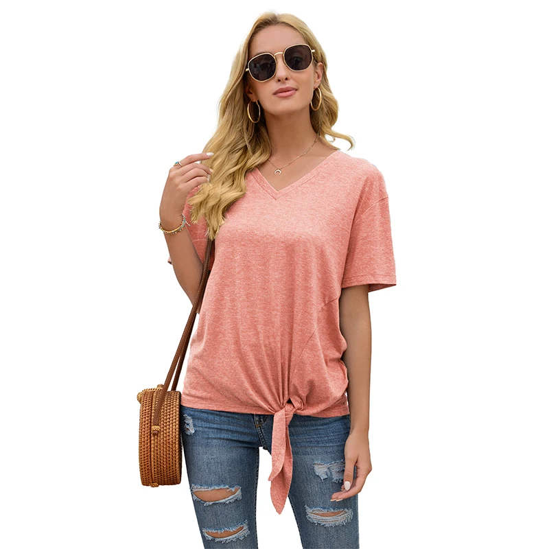

Solid Color V Neck Short Sleeve Fashion Summer Women T Shirt Simplicity Elegant Casual Loose Streetwear Plus Size Tops