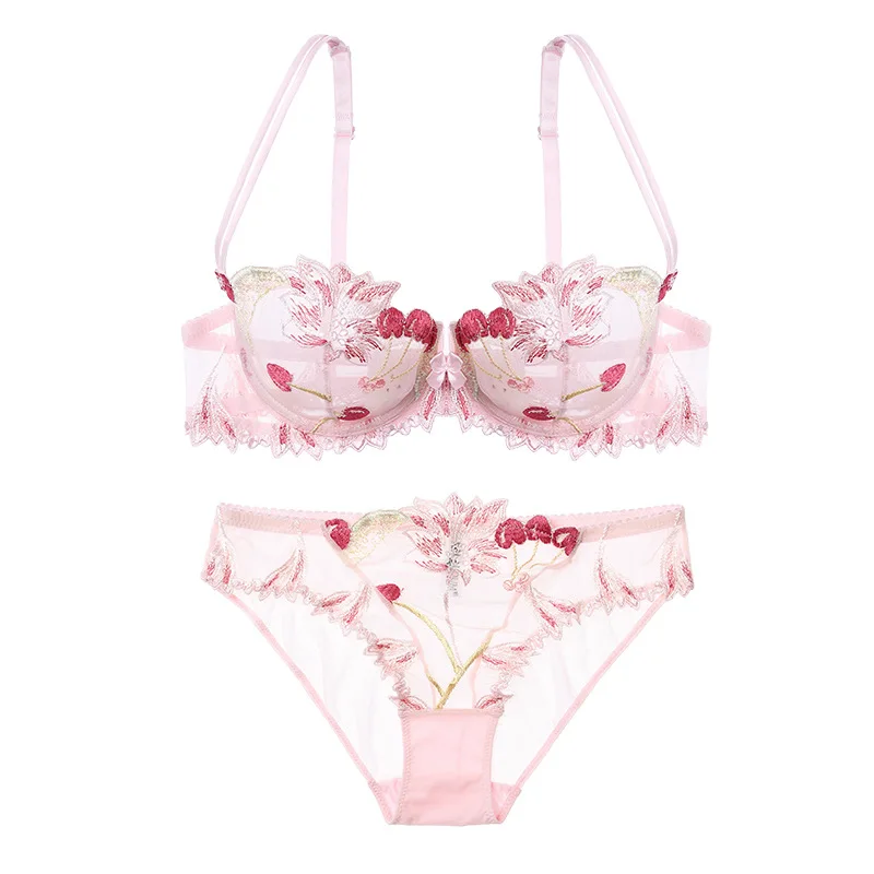 Europeu e Americano Sutiã de Renda Direct Sexy Ultra Fino Roupa Interior Feminino Reunidos Transparente Malha Bordado Conjunto Sutiã