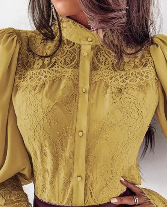 

2021 Women Lace Patchwork Flare Sleeve Buttoned Blouse Chic Elegant Spring Fall Office Stand Collar Shirt Chiffon Solid Casual T