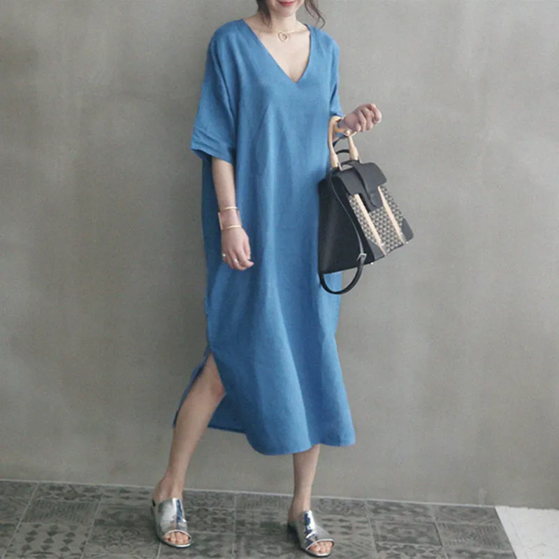 

Summer new linen deep V-neck side split with baggy shoulder sleeve and loose waist middle sleeve dress