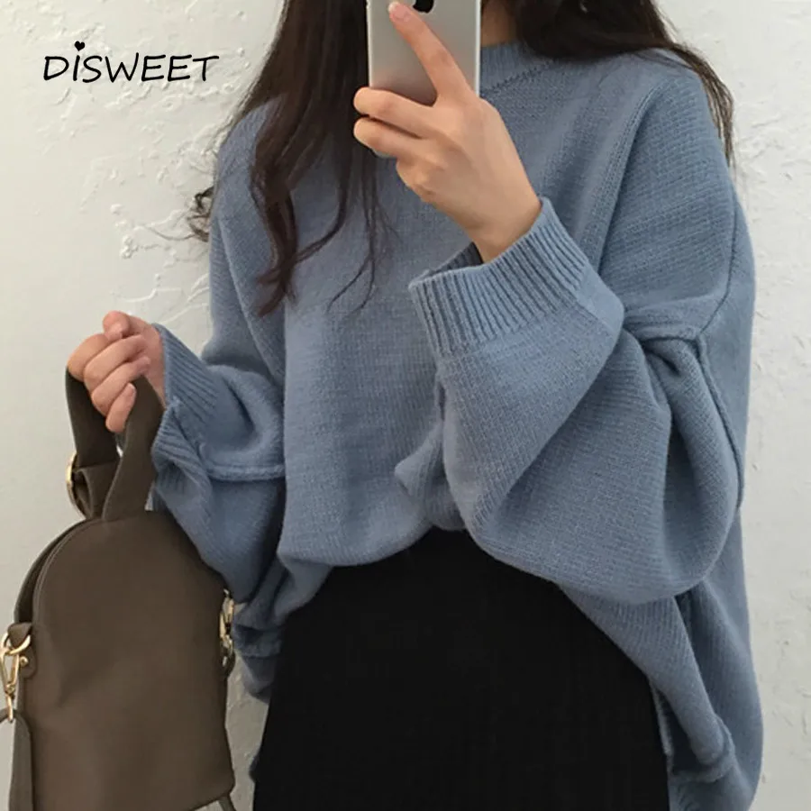 DISWEET 2019 Harajuku Solid Color Sweaters Vintage Loose Knitted Tops Womens Fashion Oversized Pullovers 2 Colors Clothing | Женская