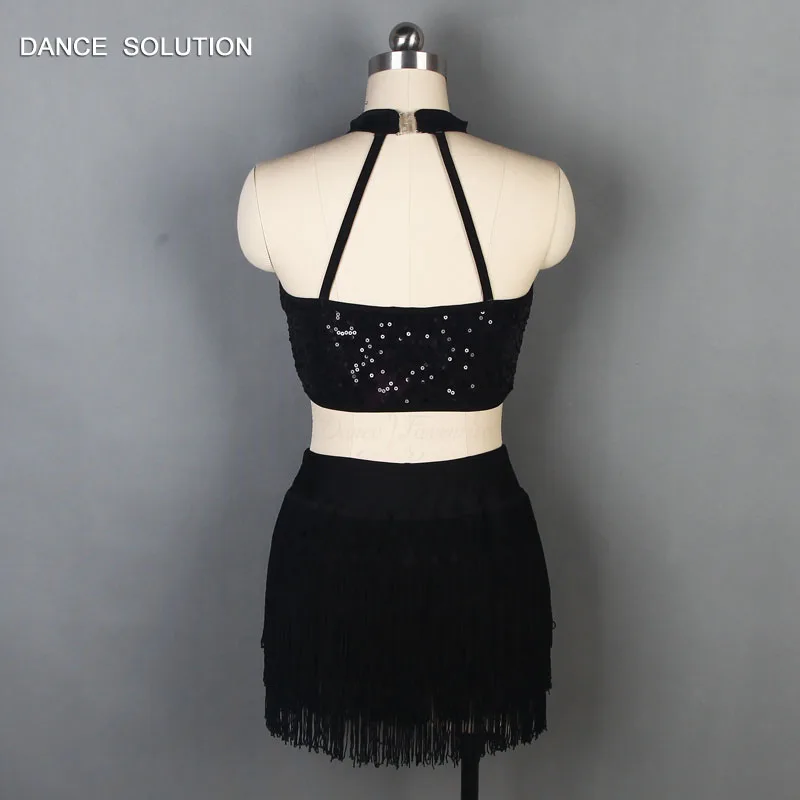 Унитард с Черными Блестками и юбкой бахромой танцевальная одежда лямкой на шее