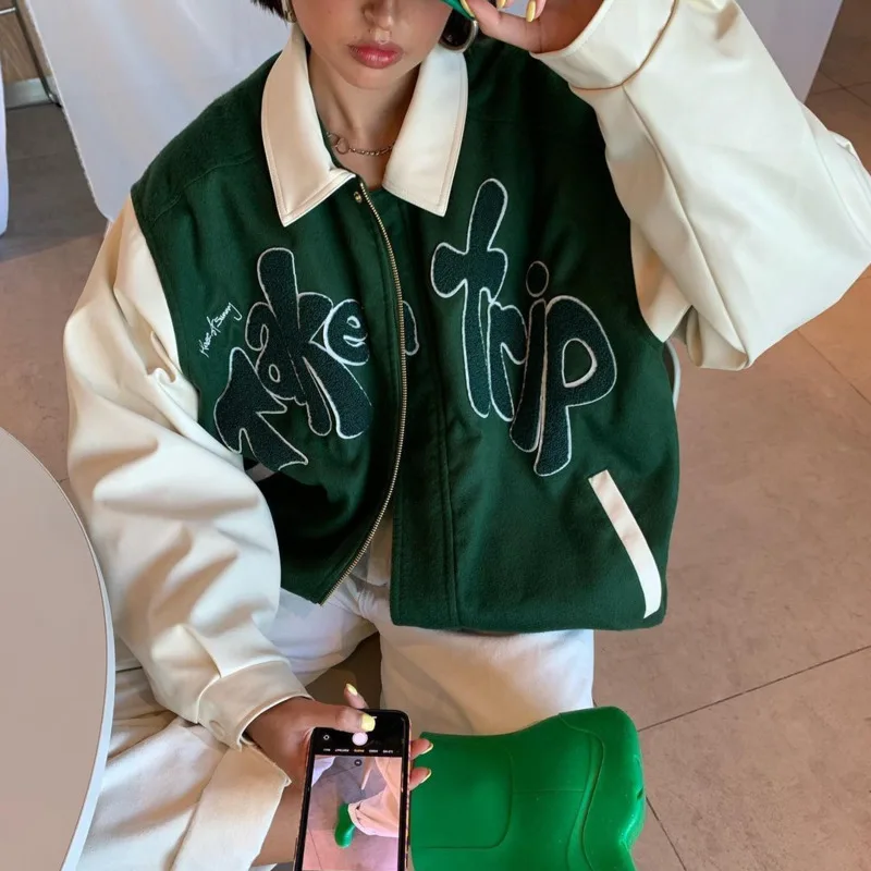 

House Wear Of Sunny Jacket Women PU Leather Baseball Coat Female Outerwear Grass Green TAKE A TRIP Letter Applique Bomber Jacket
