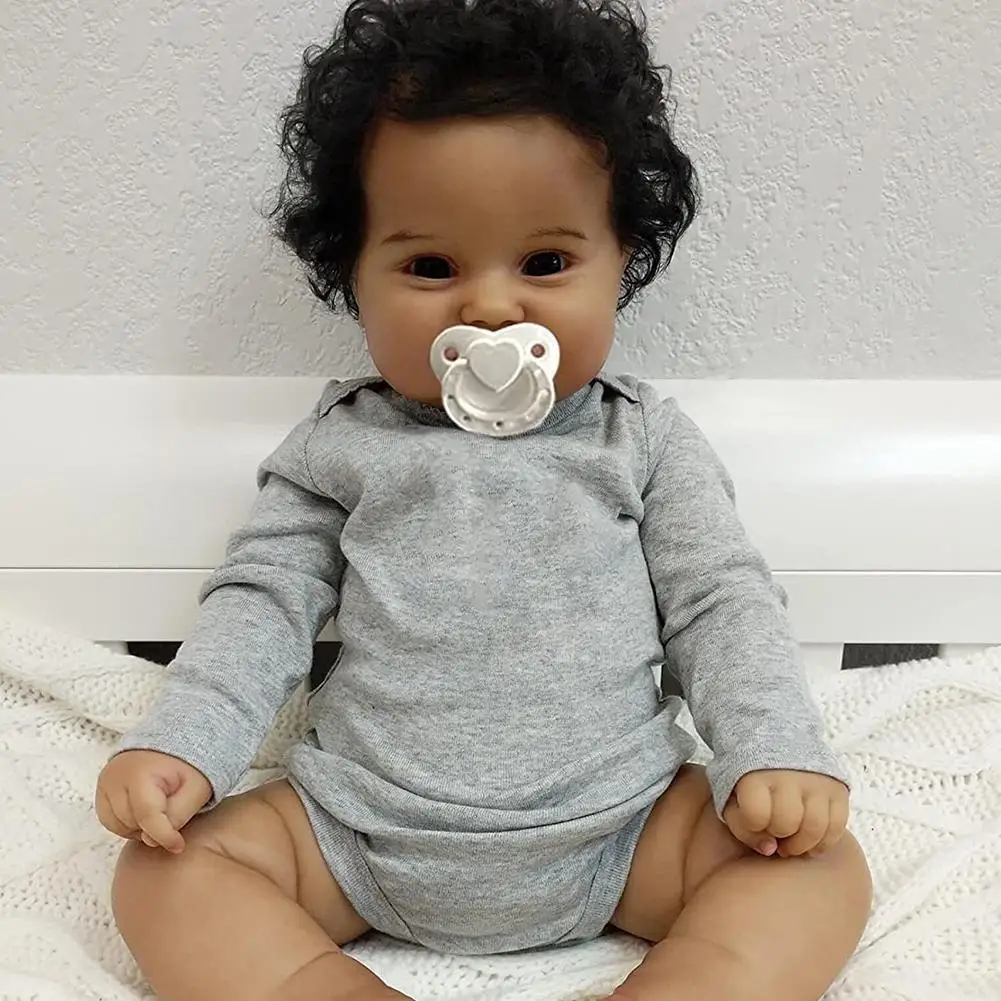 

50CM Simulation Soft Silicone Maddie Baby Doll Toy Body Flexible Black Skin African American Baby Hand Rooted Hair with Pacifier