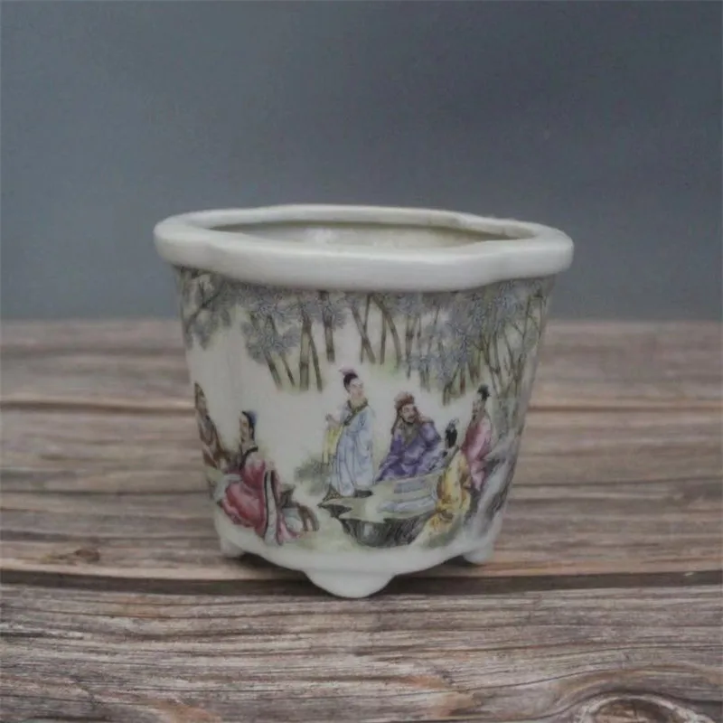 

Early collection of bamboo Seven Sages shaped flower pots antique porcelain ornaments