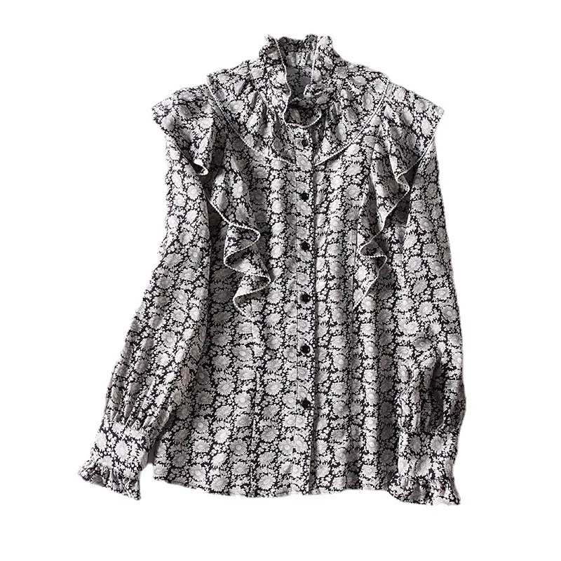 

2021 cardigan single-row buckle temperament commuter long-sleeved print silk lapel mulberry silk black mid-long-sleeved shirt