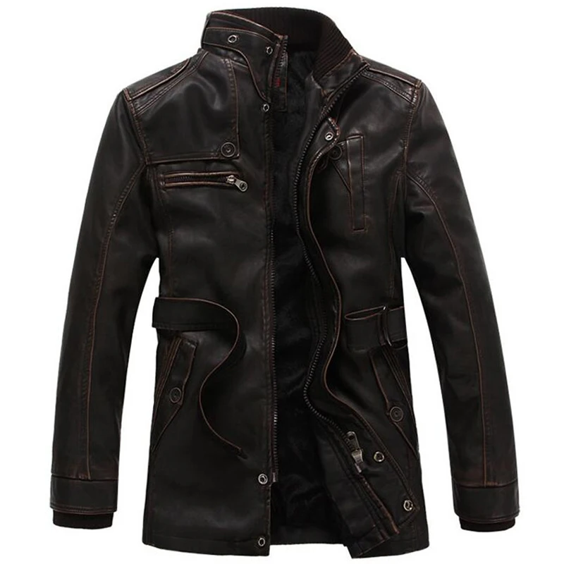 Мужские зимние кожаные пальто повседневные толстые вельветовые Теплые длинные