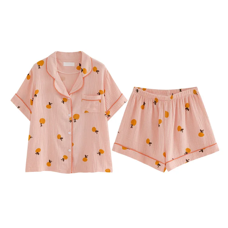 

Xiaoli Korean Ins Same Style Fresh Full Printed Orange Edge Pocket Lapels Short Sleeve Homewear Pajamas Suit