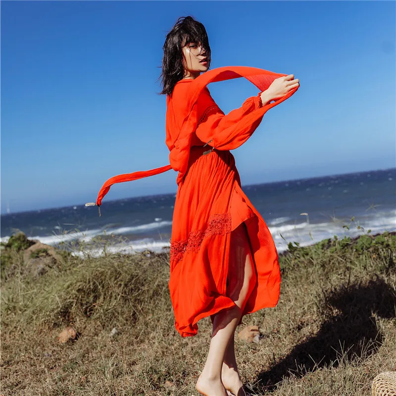 

Design Elegant V-neck Cotton Linen Flower Embroidery High Quality Luxury Party Maxi Dress Beach Holiday Vestidos Women Dresses