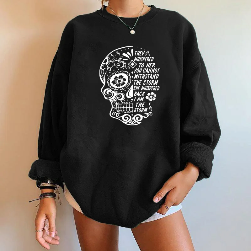 

They Whispered To Her Funny Skull Print Women Sweatshirts Streetwear Casual Long Sleeve Drop-shoulder Oversized Sweatshirt Tops