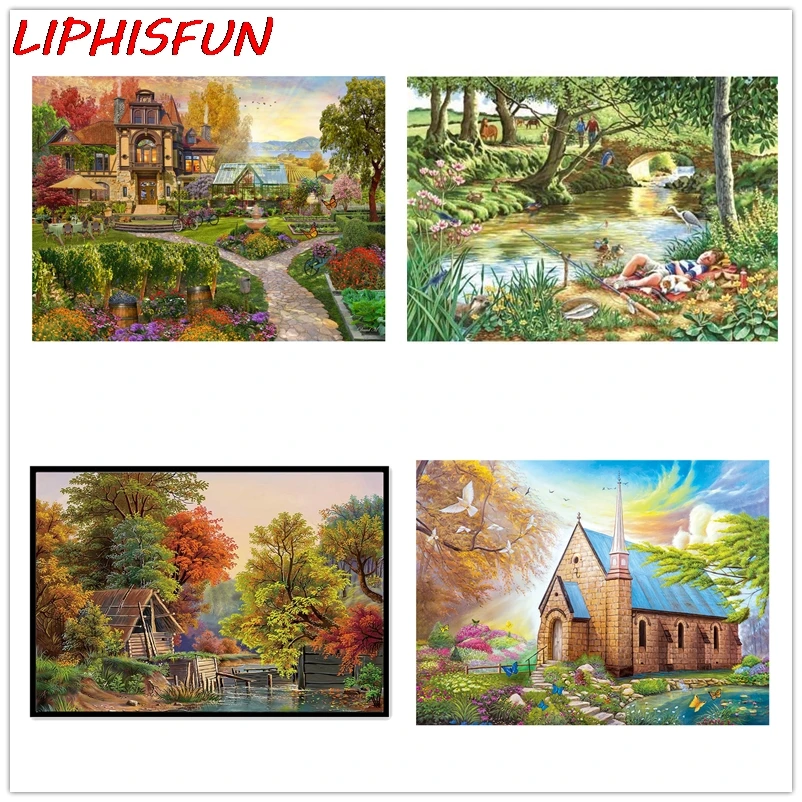 

LIPHISFUN Full Square Diamond 5D DIY Diamond Painting "Cottage Villa & Garden" Embroidery Cross Stitch Rhinestone Painting Decor