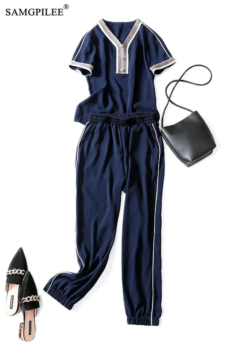 

2 Piece Sets Womens Outfits Short Sleeve Casual Sets For Women V-neck Elastic Waist Solid Full Length Plus Size Two Piece Sets