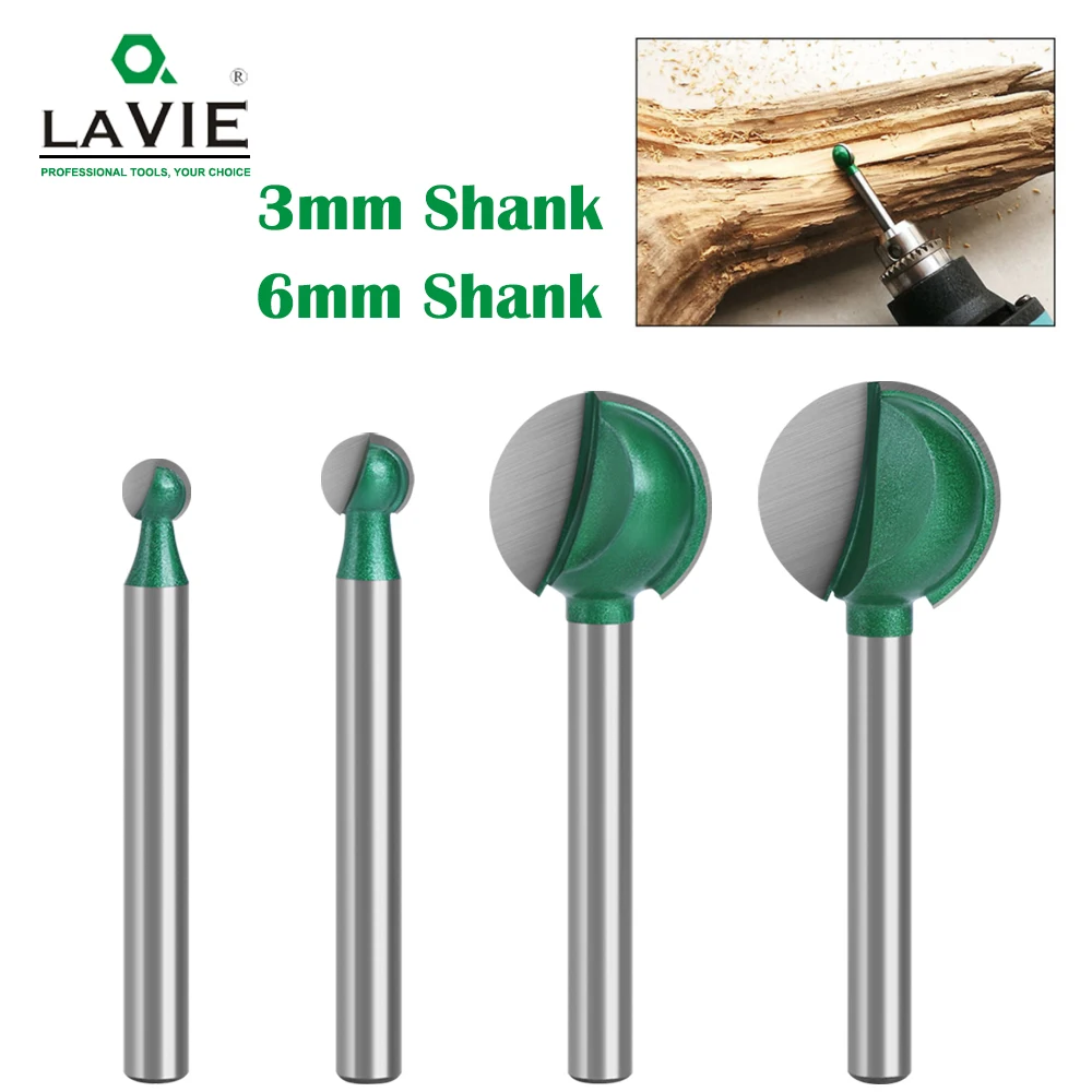 LAVIE 3mm or 6mm Shank Ball Nose Round Carving Bit Router Bit for Wood Cove CNC Milling Cutter Radius Core Tungsten Carbide