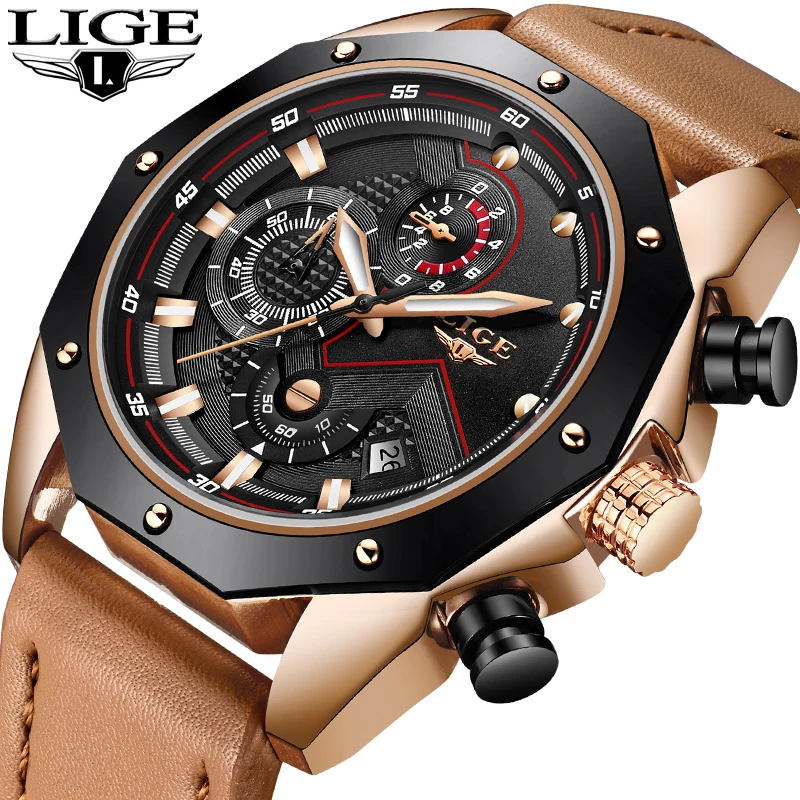Часы наручные LIGE Мужские кварцевые брендовые Роскошные повседневные