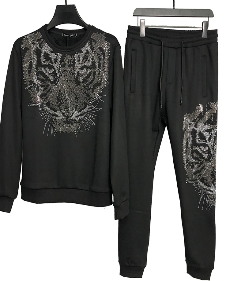 

New hot drilling tiger suit pattern European and American style long sleeve pants fitness leisure plus velvet padded suit men