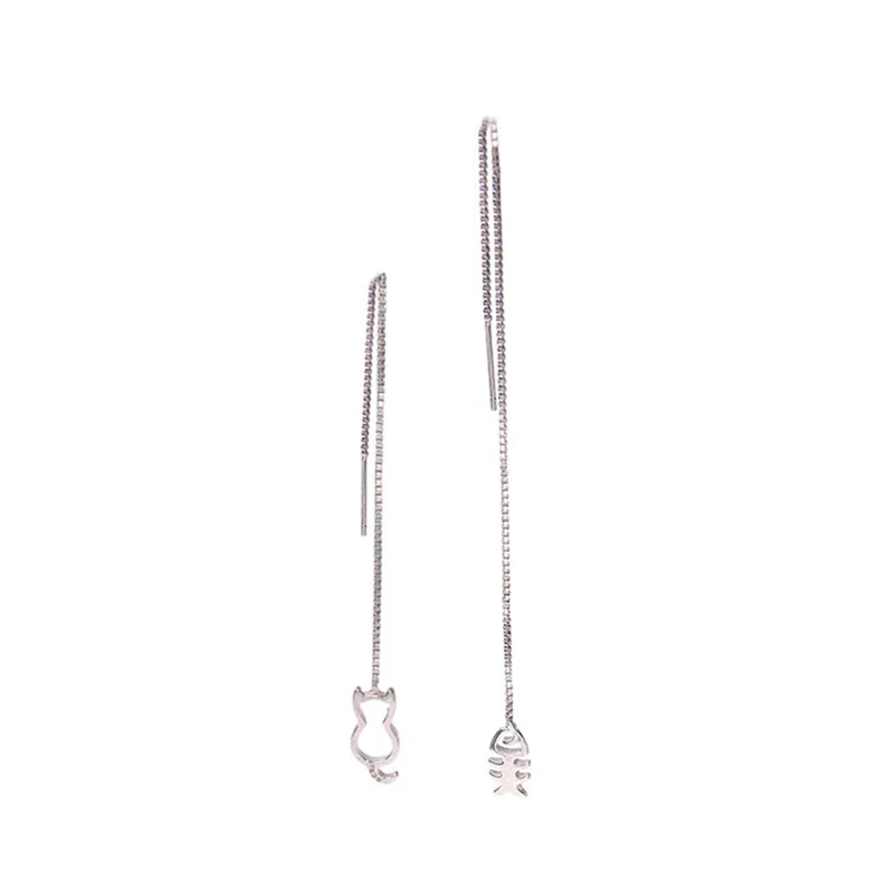 

Fresh Silver 925 Earring Cute Kitten Hollow Small Fish Bone Long Asymmetrical Ear Line Personality Female XM017