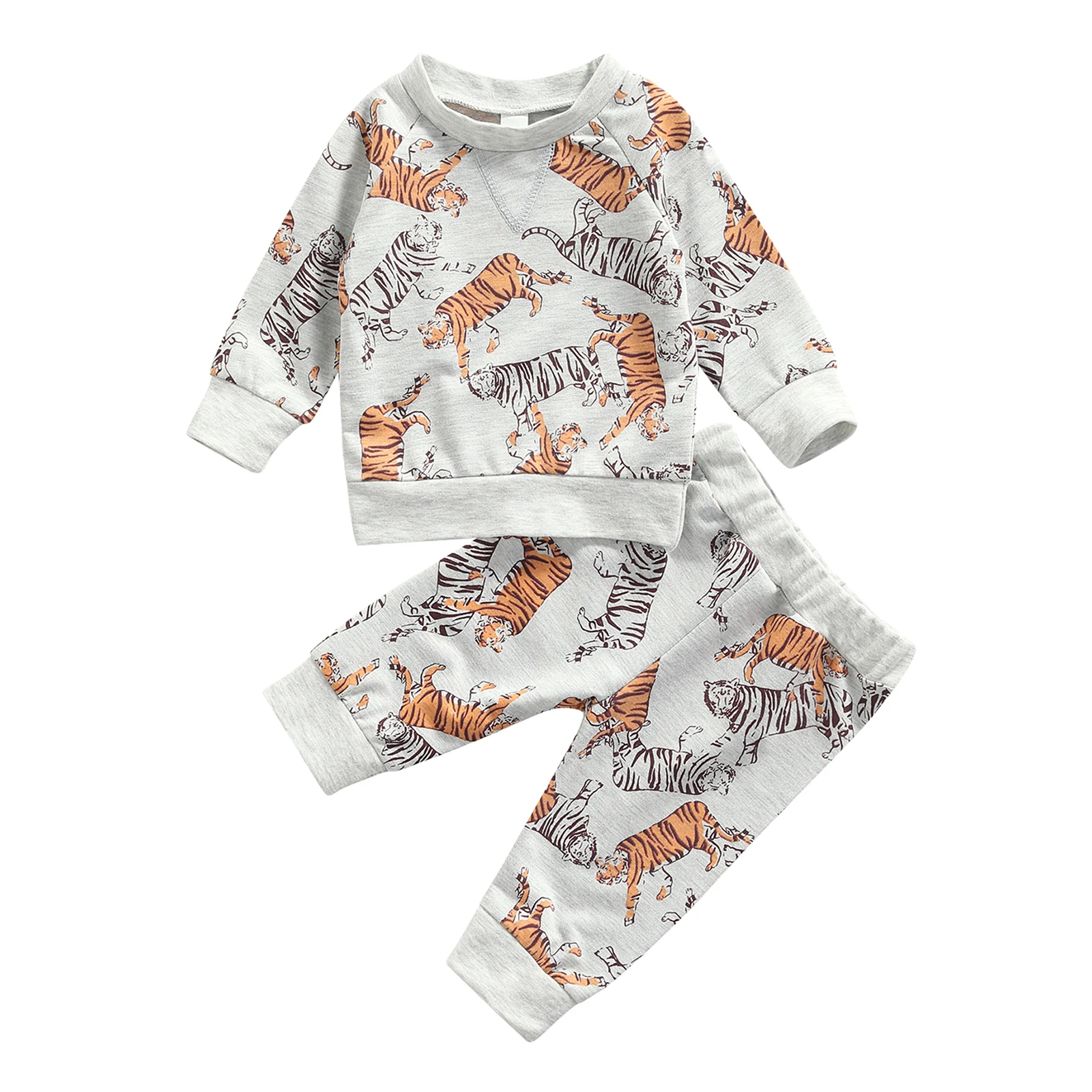 

Baby Long Sleeves + Trousers, Tiger Pattern Cartoon Print Classic Round Neck Spring Clothing