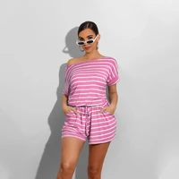2021 summer new striped short sleeved jumpsuit sexy high waist drawstring loose jumpsuit women