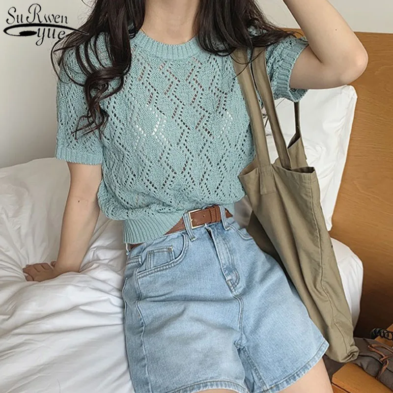 

2021 Summer Solid Blouse Women Short Sleeve Hollow Out Knitted Casual Tops Blouses Ladies O Neck Thin Loose Female Shirts 8788