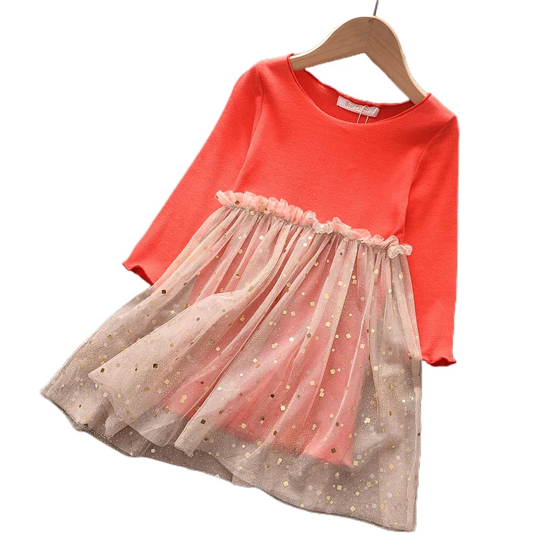 

2020 Autumn girl dress long sleeve pure cotton net yarn princess dress fashion sequined stars elegant dress girl clothes
