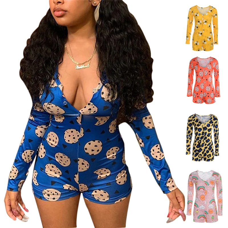 

Sexy Women Bodysuit Long Sleeve Deep V Neck Bodycon Stretch Leotard Bodysuit Button Short Romper Pajama Women Print Jumpsuit