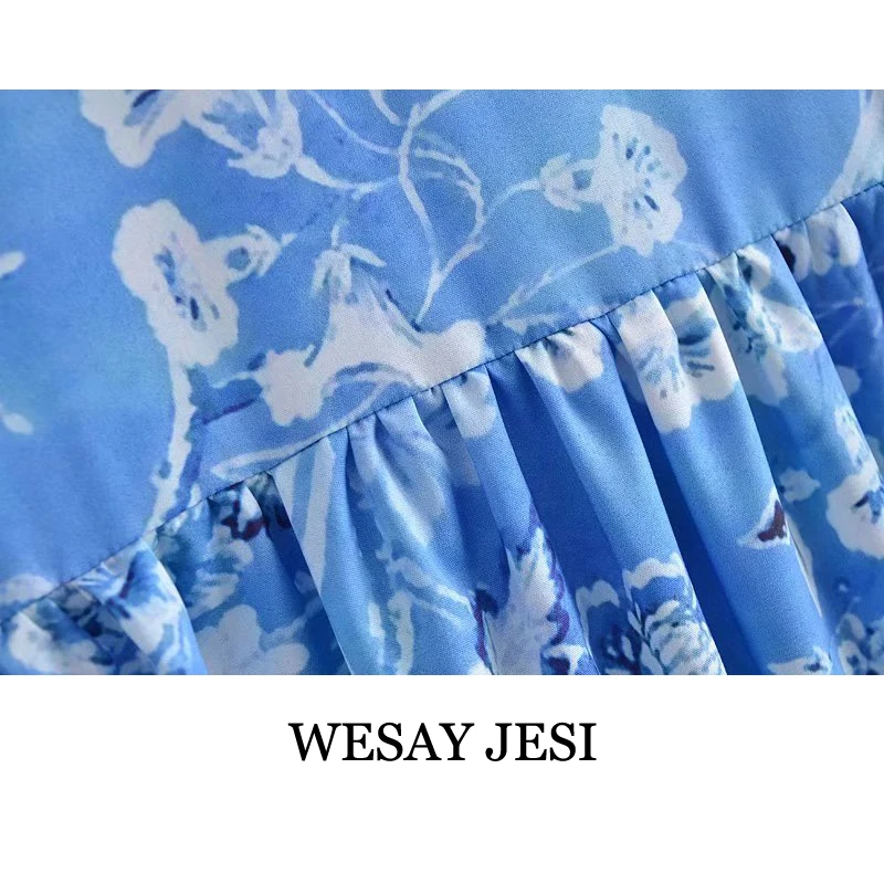 

WESAY JESI Summer Dress Women 2021 Casual Fashion Blue Print Oversized Short Sleeve Mid-Calf Dresses Chic Single-Breasted Female