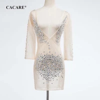 sexy see through party evening dresses mesh prom dress short special occasion sewing rhinestones f0509 deep v neck long sleeve