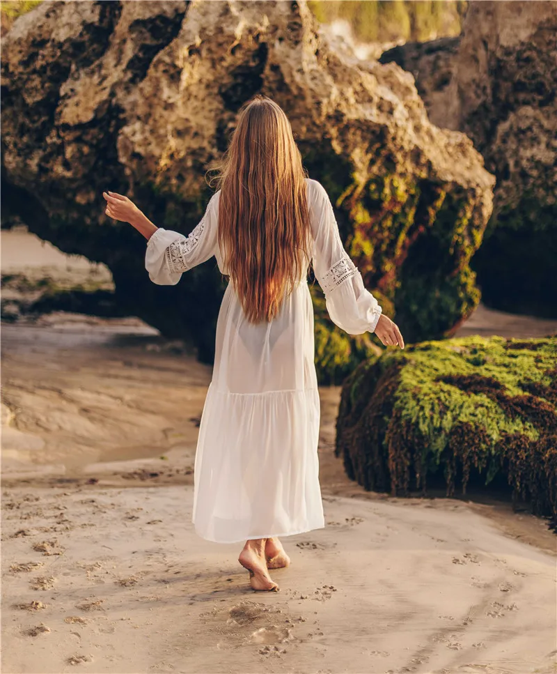 Белое Кружевное пляжное платье для женщин с длинным кафтан солнца пляжная одежда