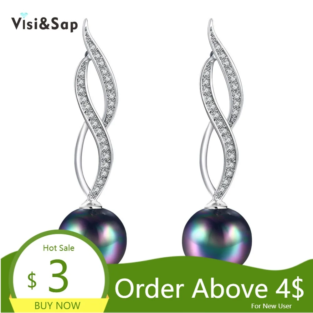 

Visisap Long Stud Earrings For Women Fashion Jewelry Imitation Pearls Party Earring For Lady Clear CZ Gold Color VKZCE113