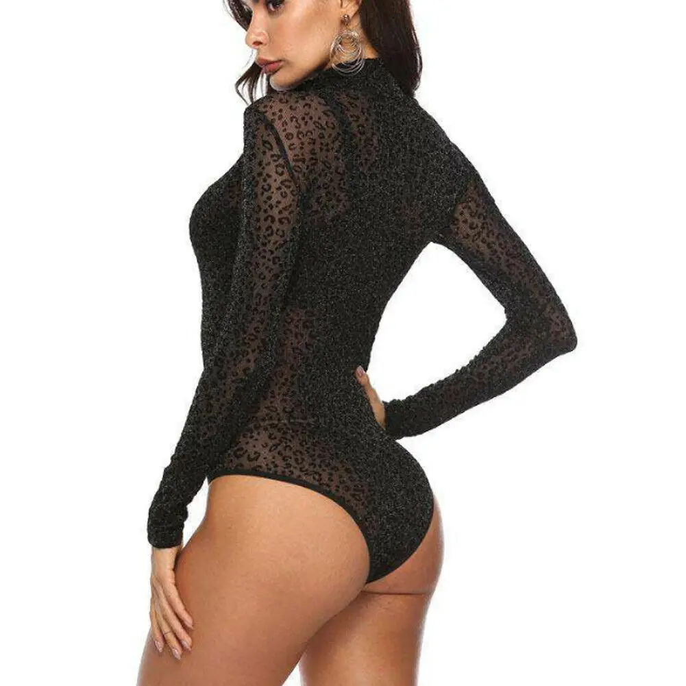 Женское прозрачное боди с леопардовым принтом облегающий Топ длинным рукавом