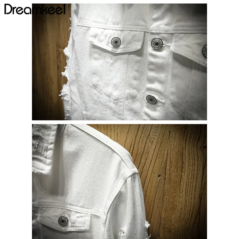 Новинка 2019 Осенняя модная рваная джинсовая куртка для мужчин Однобортный
