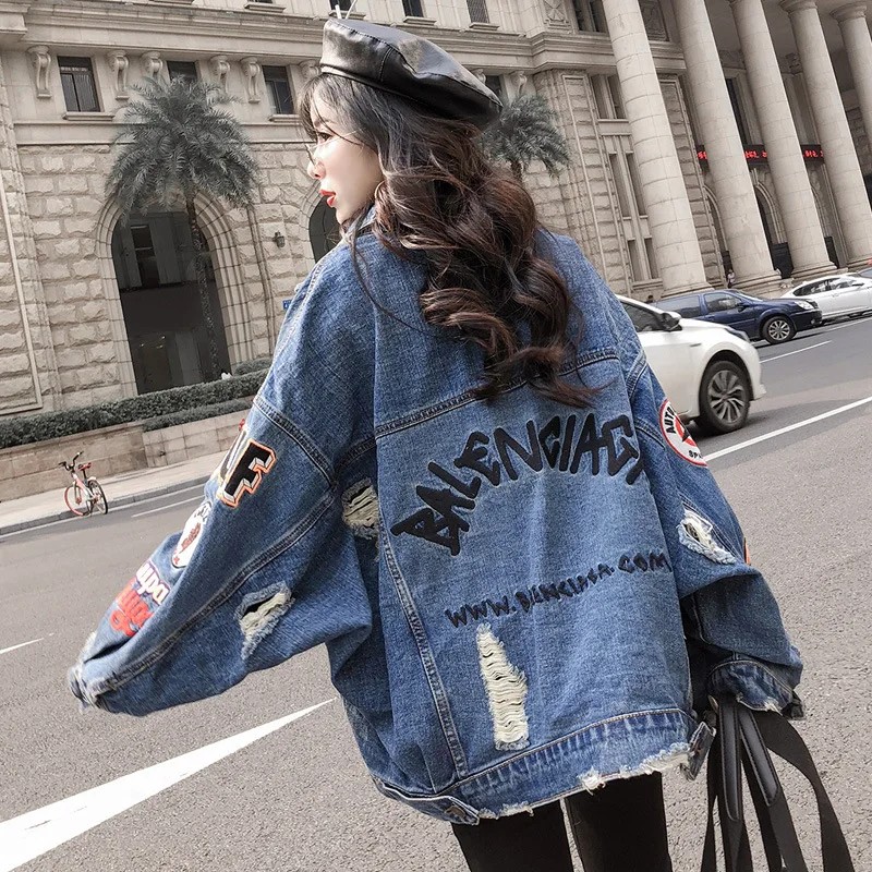 

Spring Harajuk Embroidery Denim Jacket Loose Women Jeans Coat Hip Hop Hole Single Breasted Ripped Hole Jeans Casual Women Jacket
