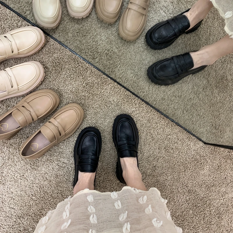 

MIYEDA Platform Shoes Women Spring Summer Slip-On PU Leather Round Toe Middle Heel Square Heel Shallow All-match Shoes