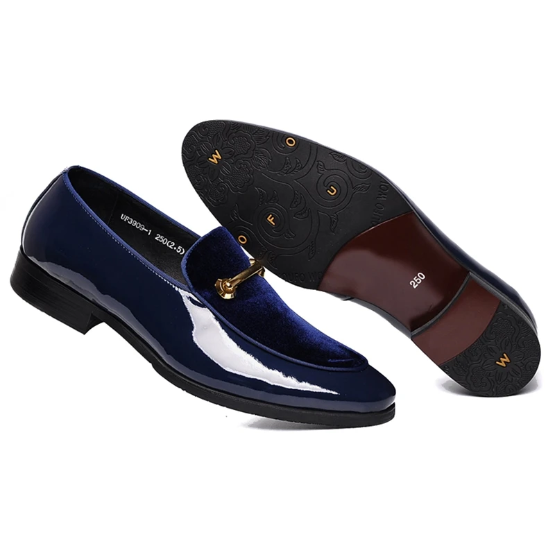 

New Luxury Genuine Leather Man Metal Trim Flats Comfortable Casual Loafers Patent Leather Slip on Men's Wedding Shoes WF181