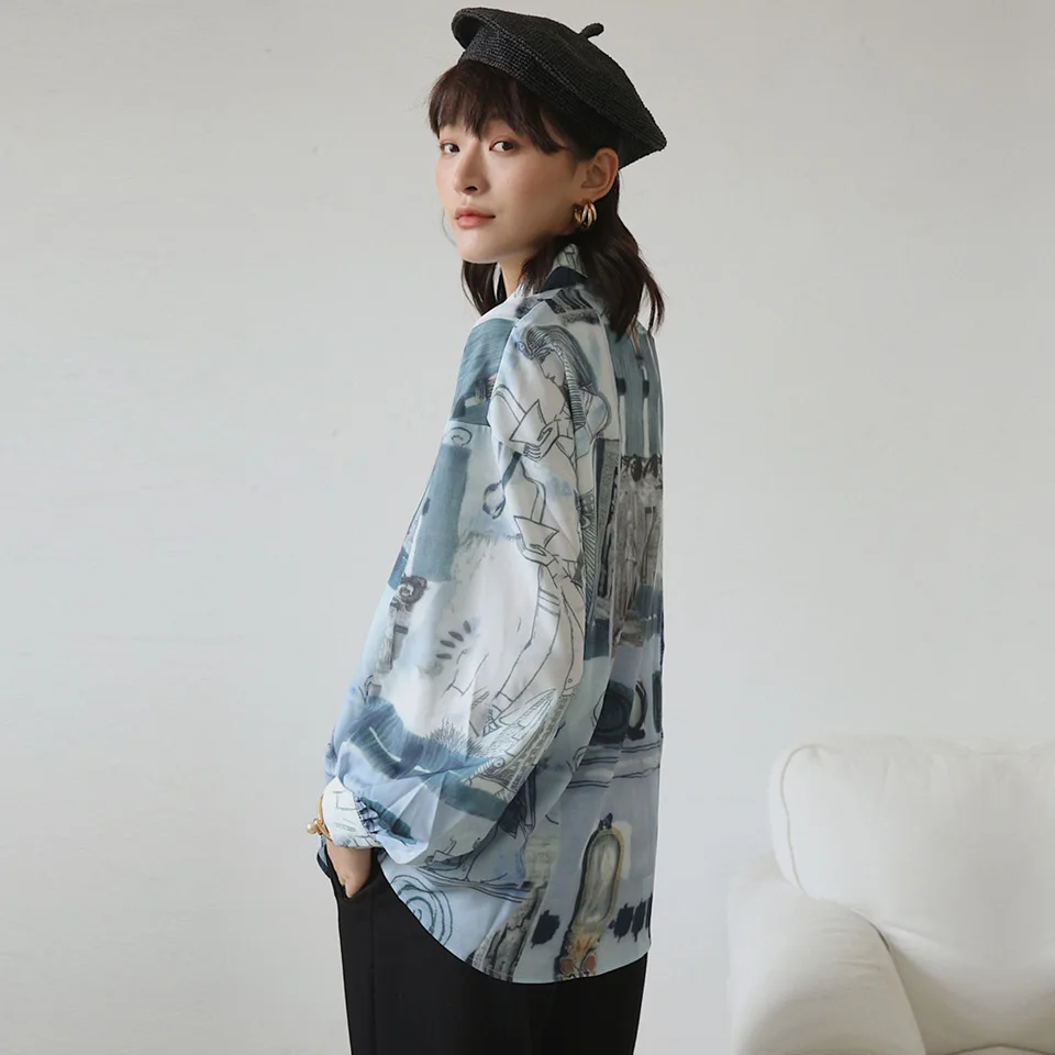Повседневная Блузка в английском стиле осень 2019 винтажная с мультяшным принтом