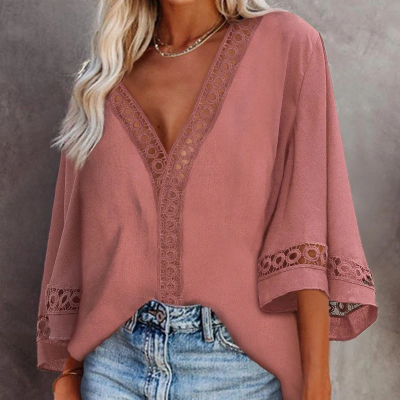 

Women Shirt 2021New Summer V-Neck Solid Color Ladies Top Hollow Out Bell Sleeve Outdoor Short Casual Comfy Female Outfits