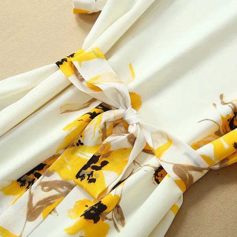 100% Silk Dress Strap Two-piece Printed Cross O Neck Short Sleeves belt Body Special Design Dresses Elegant New Fashion Style | Женская