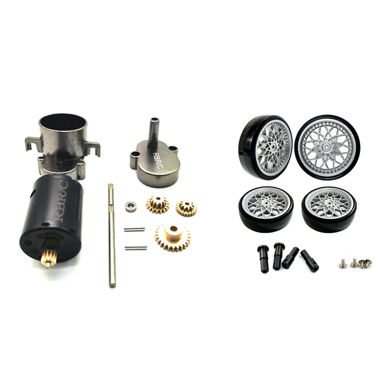 1 Set Car Metal Transmission Gearbox Gear Box with Gear & 1 Set Wheel Rim Wheel Hubs Rubber Tires
