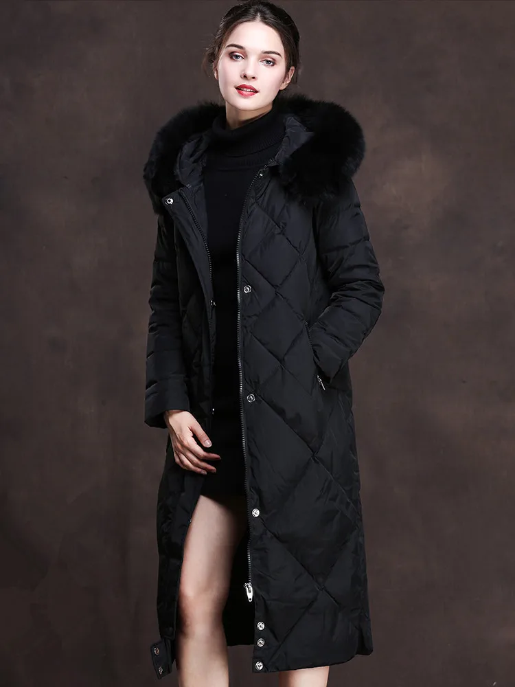 Пуховик с лисьим меховым воротником женская зимняя куртка капюшоном женское