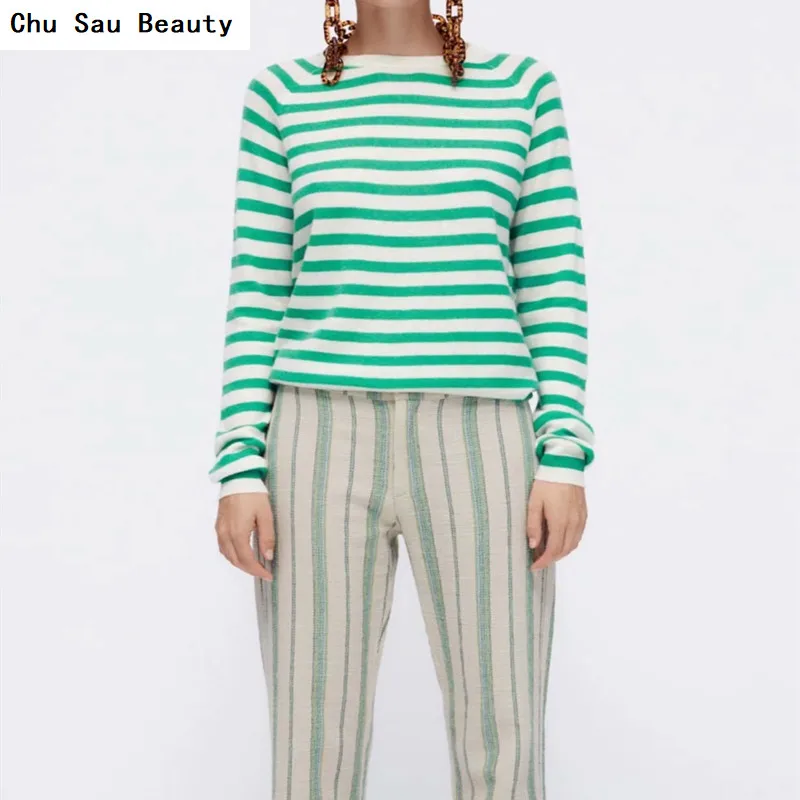 

2021 New Women's Early Autumn Za Green/White Striped Soft Knitted O-Neck Sweater Fashion High Street Long-sleeved Tops