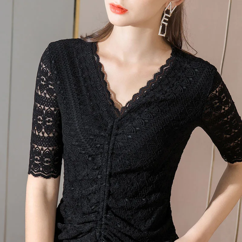 

5-sleeve lace T-shirt women's new women's clothing style in spring and summer 2021 V-neck foreign style mini shirt with