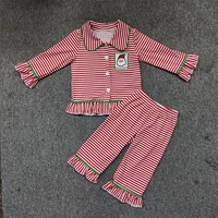 autumn clothes red striped long sleeve top and red striped trousers christmas chest old man head embroidery girls pajamas
