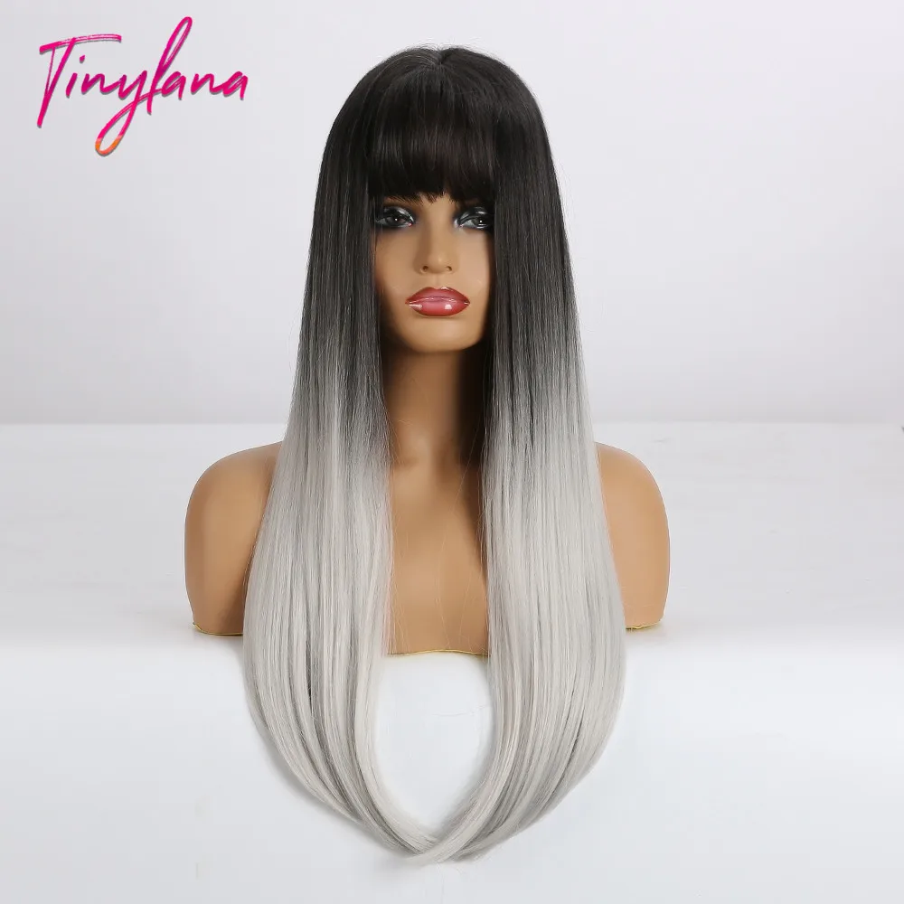 Крошечный Лана длинные Красочные прямые синтетические парики Черный Омбре